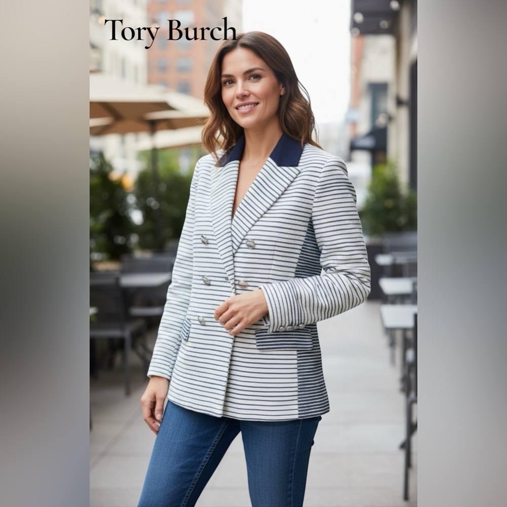 Tory Burch Piper Leather Snakeskin Navy and White Striped Blazer